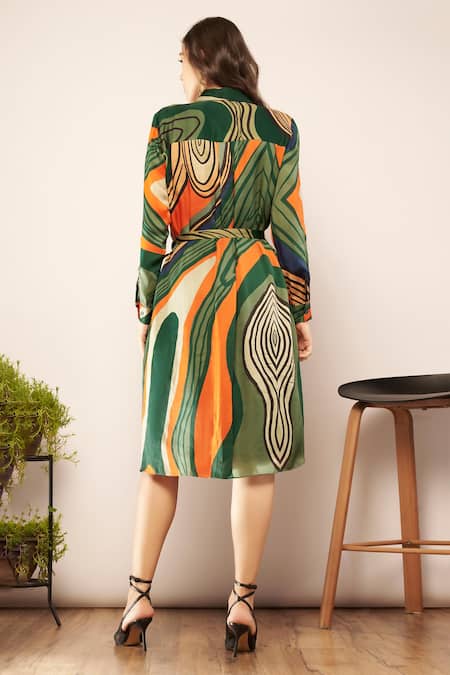 Shop Babita Malkani Green Silk Satin Beads Collared Printed Shirt Dress at Aza Fashions Shop_Babita Malkani_Green Silk Satin Beads Collared Printed Shirt Dress _at_Aza_Fashions