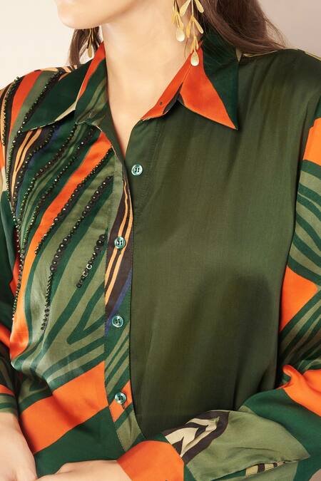 Babita Malkani Green Silk Satin Beads Collared Printed Shirt Dress Online at Aza Fashions Babita Malkani_Green Silk Satin Beads Collared Printed Shirt Dress _Online_at_Aza_Fashions