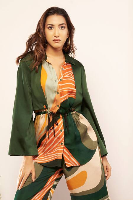 Babita Malkani Green Satin Collared Stripe Print Shirt Online at Aza Fashions Babita Malkani_Green Satin Collared Stripe Print Shirt _Online_at_Aza_Fashions