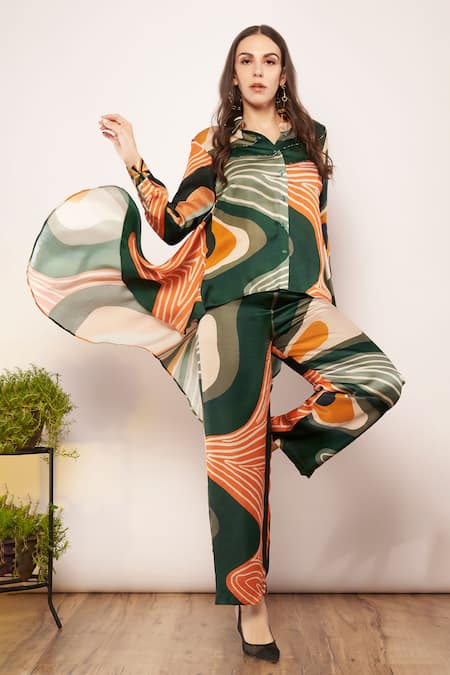 Babita Malkani Green Silk Satin Printed Stripe Geometric Pant 