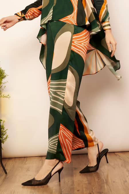 Babita Malkani_Green Silk Satin Geometric Print Pant _Online_at_Aza_Fashions