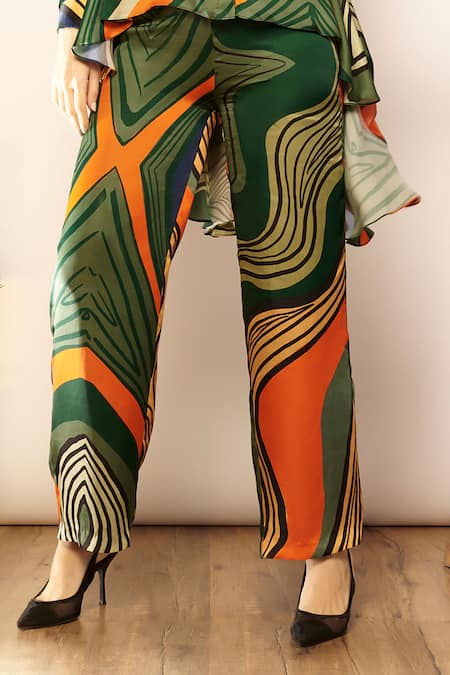 Babita Malkani_Green Silk Satin Geometric Print High Waisted Pant _Online_at_Aza_Fashions