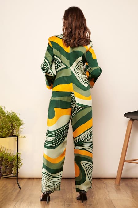 Shop Babita Malkani Green Satin Printed Asymmetric Blazer at Aza Fashions Shop_Babita Malkani_Green Satin Printed Asymmetric Blazer _at_Aza_Fashions