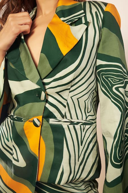 Babita Malkani Green Satin Printed Asymmetric Blazer Online at Aza Fashions Babita Malkani_Green Satin Printed Asymmetric Blazer _Online_at_Aza_Fashions