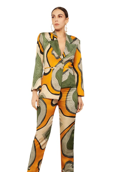 Shop Babita Malkani Ivory Satin Geometric Print Blazer at Aza Fashions Shop_Babita Malkani_Ivory Satin Geometric Print Blazer _at_Aza_Fashions
