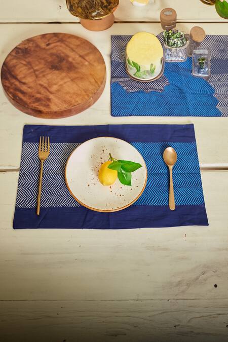 Shop Inheritance India Blue 100% Cotton Wave Block Print 4 Pcs Table Mats at Aza Fashions Shop_Inheritance India_Blue 100% Cotton Wave Block Print 4 Pcs Table Mats_at_Aza_Fashions