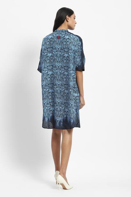 Shop Satya Paul Blue Linen Bandeau Neck Peacocks Dragons And Vines Printed Short Tunic at Aza Fashions Shop_Satya Paul_Blue Linen Bandeau Neck Peacocks Dragons And Vines Printed Short Tunic _at_Aza_Fashions