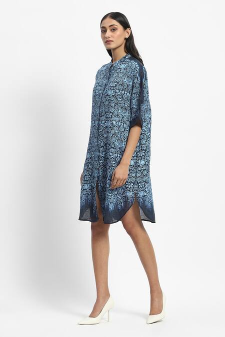 Satya Paul Blue Linen Bandeau Neck Peacocks Dragons And Vines Printed Short Tunic Online at Aza Fashions Satya Paul_Blue Linen Bandeau Neck Peacocks Dragons And Vines Printed Short Tunic _Online_at_Aza_Fashions