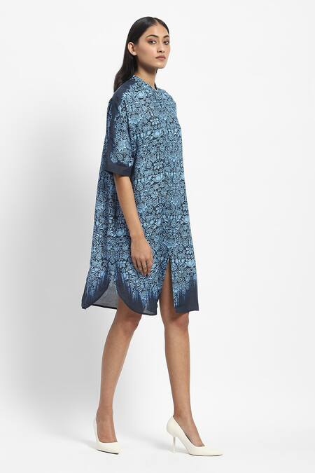 Buy Satya Paul Blue Linen Bandeau Neck Peacocks Dragons And Vines Printed Short Tunic Online at Aza Fashions Buy_Satya Paul_Blue Linen Bandeau Neck Peacocks Dragons And Vines Printed Short Tunic _Online_at_Aza_Fashions