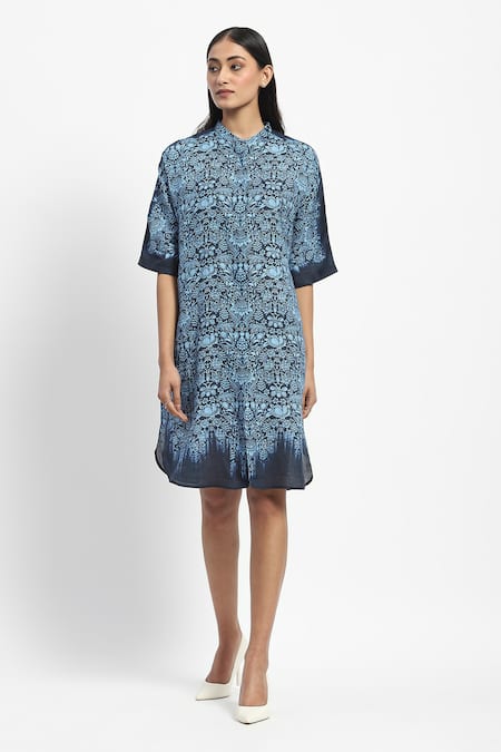 Shop Satya Paul Blue Linen Bandeau Neck Peacocks Dragons And Vines Printed Short Tunic Online at Aza Fashions Shop_Satya Paul_Blue Linen Bandeau Neck Peacocks Dragons And Vines Printed Short Tunic _Online_at_Aza_Fashions