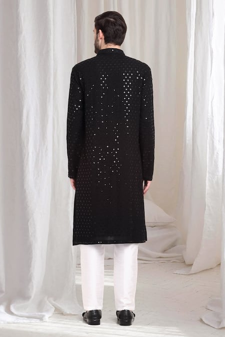 Shop_Aham-Vayam_Black Cotton Sequins, Embroidery Ulas Embellished Kurta With Pant _at_Aza_Fashions