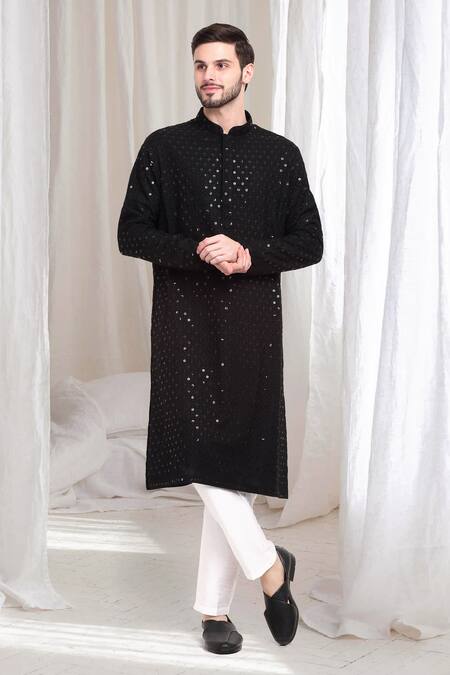 Buy_Aham-Vayam_Black Cotton Sequins, Embroidery Ulas Embellished Kurta With Pant _Online_at_Aza_Fashions