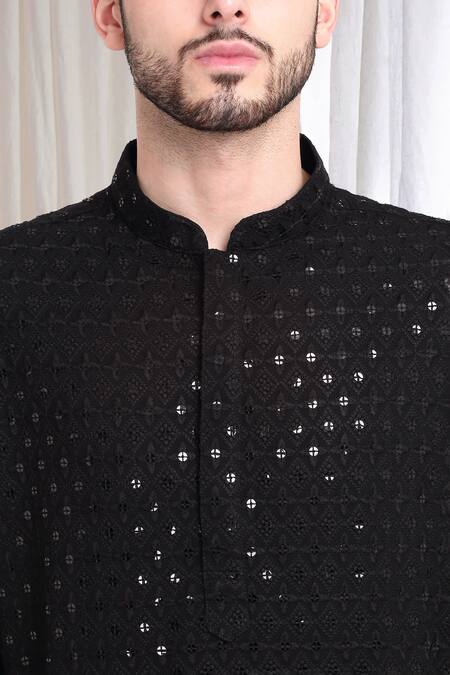 Shop_Aham-Vayam_Black Cotton Sequins, Embroidery Ulas Embellished Kurta With Pant _Online_at_Aza_Fashions