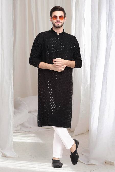 Aham-Vayam_Black Cotton Sequins, Embroidery Ulas Embellished Kurta With Pant _at_Aza_Fashions