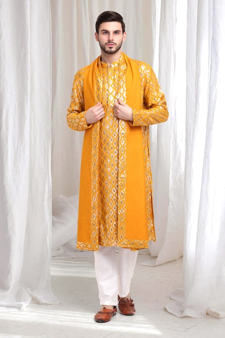 Aham-Vayam Yellow Cotton Embellished Sequin Ambar Kurta Pant Set 