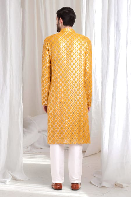 Shop_Aham-Vayam_Yellow Cotton Sequins, Embroidery Ambar Embellished Kurta Pant Set _at_Aza_Fashions