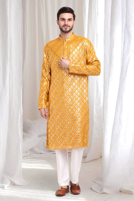 Buy_Aham-Vayam_Yellow Cotton Sequins, Embroidery Ambar Embellished Kurta Pant Set _Online_at_Aza_Fashions