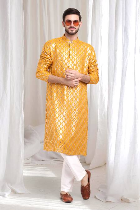 Shop_Aham-Vayam_Yellow Cotton Sequins, Embroidery Ambar Embellished Kurta Pant Set _Online_at_Aza_Fashions
