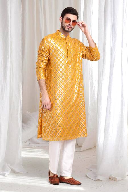 Aham-Vayam_Yellow Cotton Sequins, Embroidery Ambar Embellished Kurta Pant Set _at_Aza_Fashions