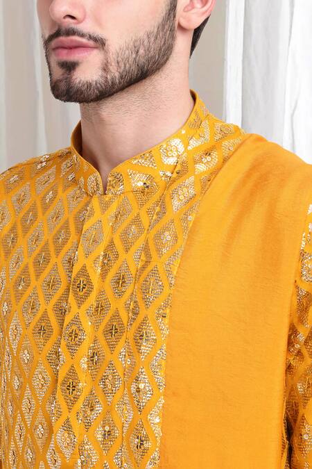 Buy_Aham-Vayam_Yellow Cotton Sequins, Embroidery Ambar Embellished Kurta Pant Set 