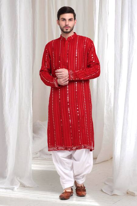 Buy_Aham-Vayam_Red Cotton Sequins, Mirrors Kaanchkaari Embellished Kurta With Patiyala _Online_at_Aza_Fashions