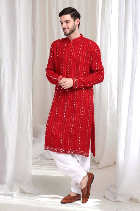 Shop_Aham-Vayam_Red Cotton Sequins, Mirrors Kaanchkaari Embellished Kurta With Patiyala _Online_at_Aza_Fashions