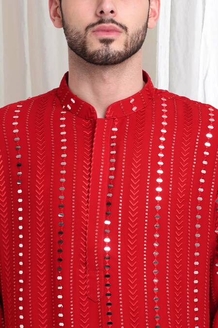 Aham-Vayam_Red Cotton Sequins, Mirrors Kaanchkaari Embellished Kurta With Patiyala _at_Aza_Fashions