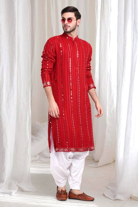 Buy_Aham-Vayam_Red Cotton Sequins, Mirrors Kaanchkaari Embellished Kurta With Patiyala 