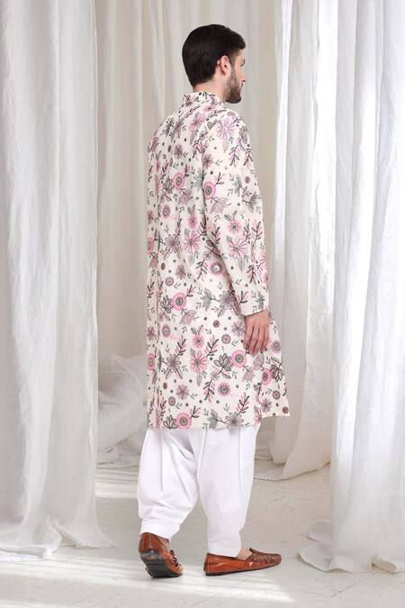 Buy_Aham-Vayam_Cream Cotton Embroidery Pushp Kurta With Patiyala _Online_at_Aza_Fashions