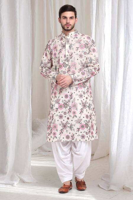 Shop_Aham-Vayam_Cream Cotton Embroidery Pushp Kurta With Patiyala _Online_at_Aza_Fashions