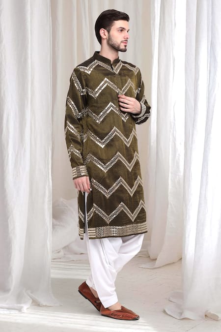 Aham-Vayam_Green Cotton, Silk Mirrors, Mahotsav Mirrorwork Embellished Kurta With Patiala_at_Aza_Fashions