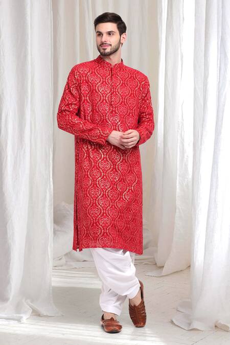 Buy_Aham-Vayam_Red Cotton Sequins, Embroidery Mridul Paisley Kurta With Patiala _Online_at_Aza_Fashions