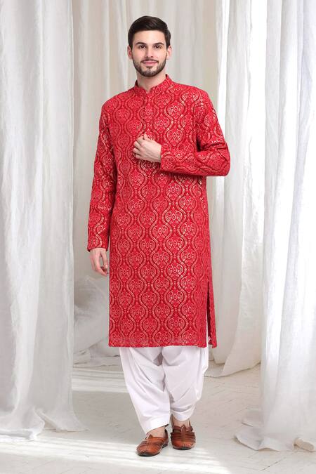Shop_Aham-Vayam_Red Cotton Sequins, Embroidery Mridul Paisley Kurta With Patiala _Online_at_Aza_Fashions