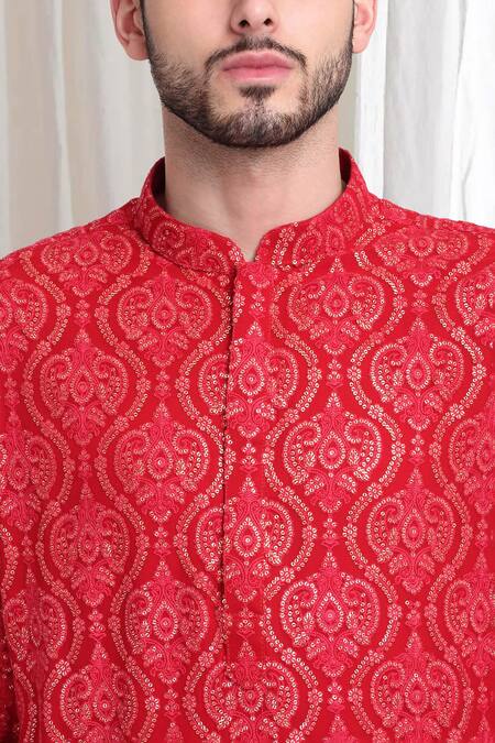 Aham-Vayam_Red Cotton Sequins, Embroidery Mridul Paisley Kurta With Patiala _at_Aza_Fashions