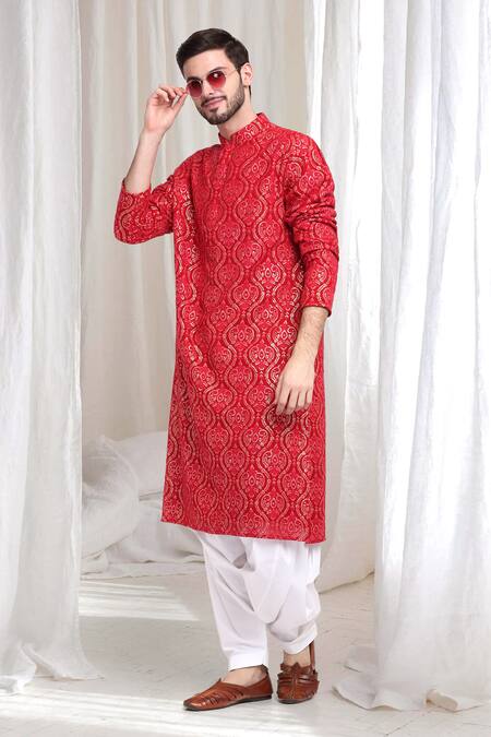 Buy_Aham-Vayam_Red Cotton Sequins, Embroidery Mridul Paisley Kurta With Patiala 