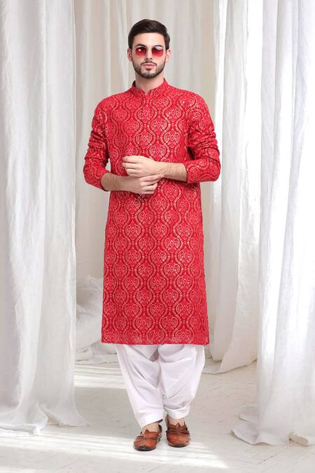 Shop_Aham-Vayam_Red Cotton Sequins, Embroidery Mridul Paisley Kurta With Patiala 