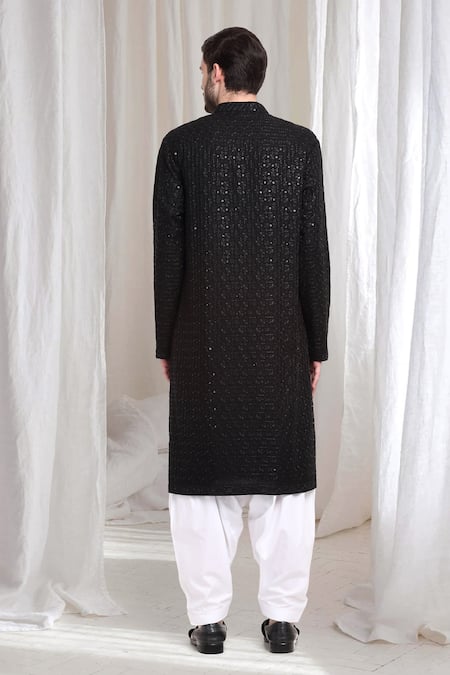 Shop_Aham-Vayam_Black Cotton Sequins, Embroidery Mrinaal Checkered Kurta With Patiala _at_Aza_Fashions