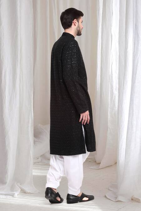 Buy_Aham-Vayam_Black Cotton Sequins, Embroidery Mrinaal Checkered Kurta With Patiala _Online_at_Aza_Fashions