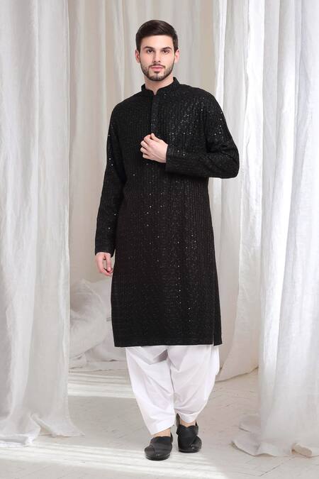 Shop_Aham-Vayam_Black Cotton Sequins, Embroidery Mrinaal Checkered Kurta With Patiala _Online_at_Aza_Fashions