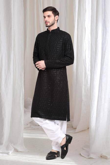 Buy_Aham-Vayam_Black Cotton Sequins, Embroidery Mrinaal Checkered Kurta With Patiala 
