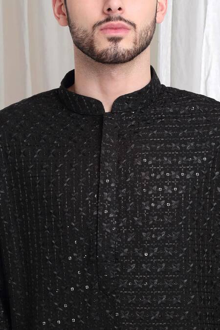 Shop Aham-Vayam Black Cotton Sequins, Embroidery Mrinaal Checkered Kurta With Patiala Shop_Aham-Vayam_Black Cotton Sequins, Embroidery Mrinaal Checkered Kurta With Patiala