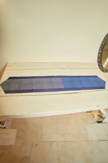 Shop Inheritance India Blue 100% Cotton Wave Print Table Runner at Aza Fashions Shop_Inheritance India_Blue 100% Cotton Wave Print Table Runner_at_Aza_Fashions