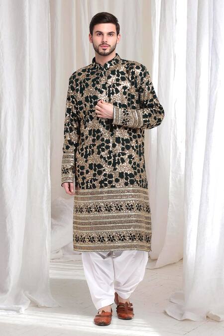 Buy_Aham-Vayam_Green Cotton Lace, Sequins Kashish Cluster Embellished Kurta Patiala Set _Online_at_Aza_Fashions