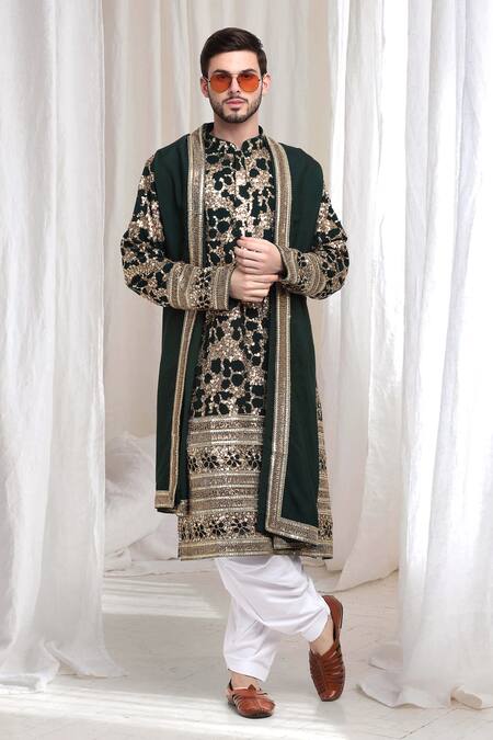 Shop_Aham-Vayam_Green Cotton Lace, Sequins Kashish Cluster Embellished Kurta Patiala Set 
