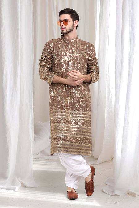 Shop_Aham-Vayam_Beige Cotton Sequins, Lace Kashish Embellished Kurta Patiala Set _Online_at_Aza_Fashions