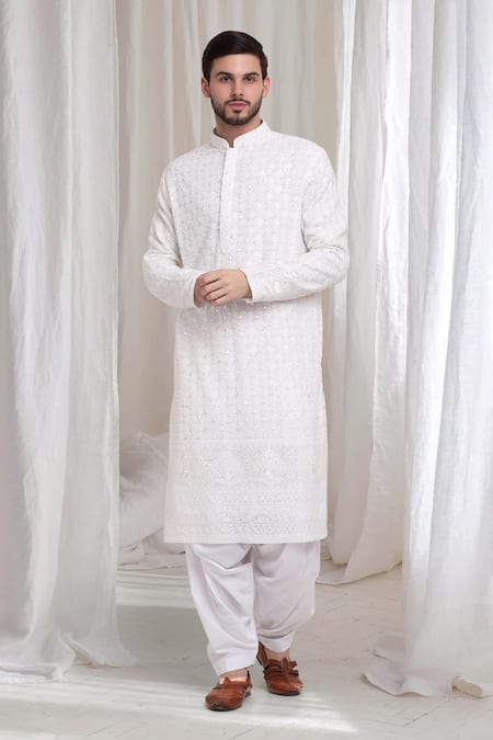 Buy_Aham-Vayam_White Cotton Sequins, Embroidery Floral Vine Kurta Patiala Set_Online_at_Aza_Fashions