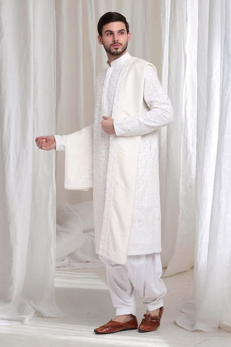 Shop_Aham-Vayam_White Cotton Sequins, Embroidery Floral Vine Kurta Patiala Set_Online_at_Aza_Fashions