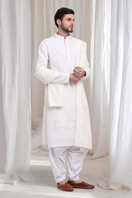 Aham-Vayam_White Cotton Sequins, Embroidery Floral Vine Kurta Patiala Set_at_Aza_Fashions