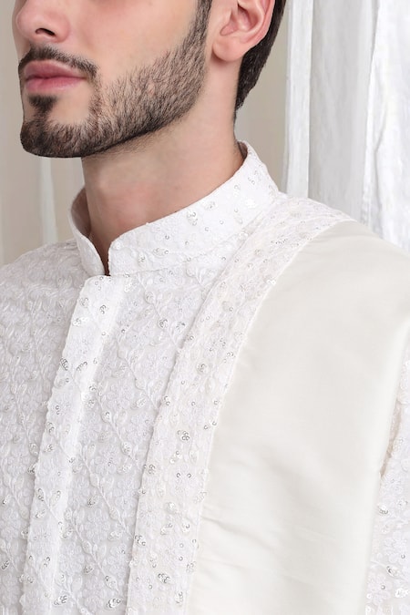 Buy_Aham-Vayam_White Cotton Sequins, Embroidery Floral Vine Kurta Patiala Set