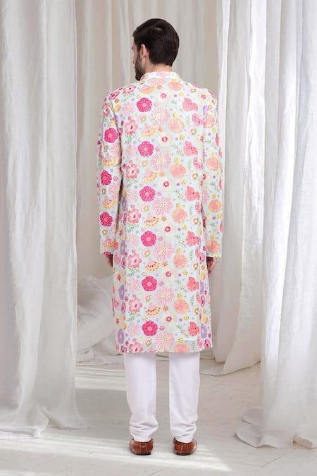 Shop_Aham-Vayam_Green Cotton Embroidery, Sequins Floral Kurta Churidar Set _at_Aza_Fashions